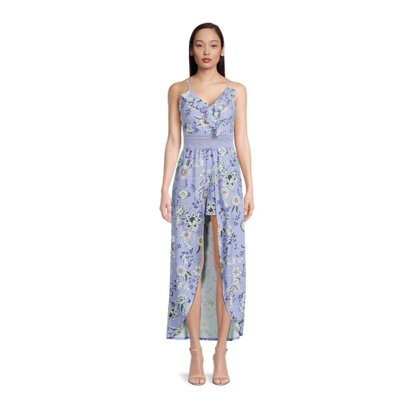 No Boundaries Juniors Ruffle Walk Through Maxi Romper, Spring Peri - Picture 2 of 5
